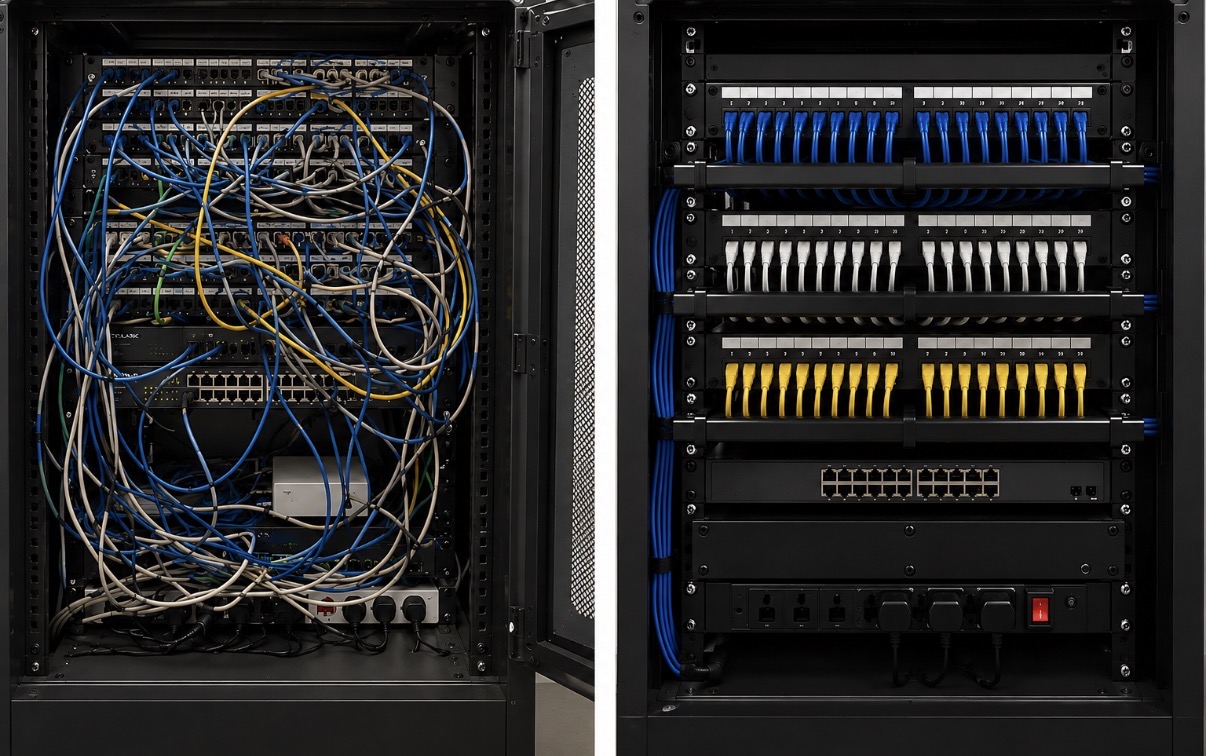 Data cabling rack installation — before and after