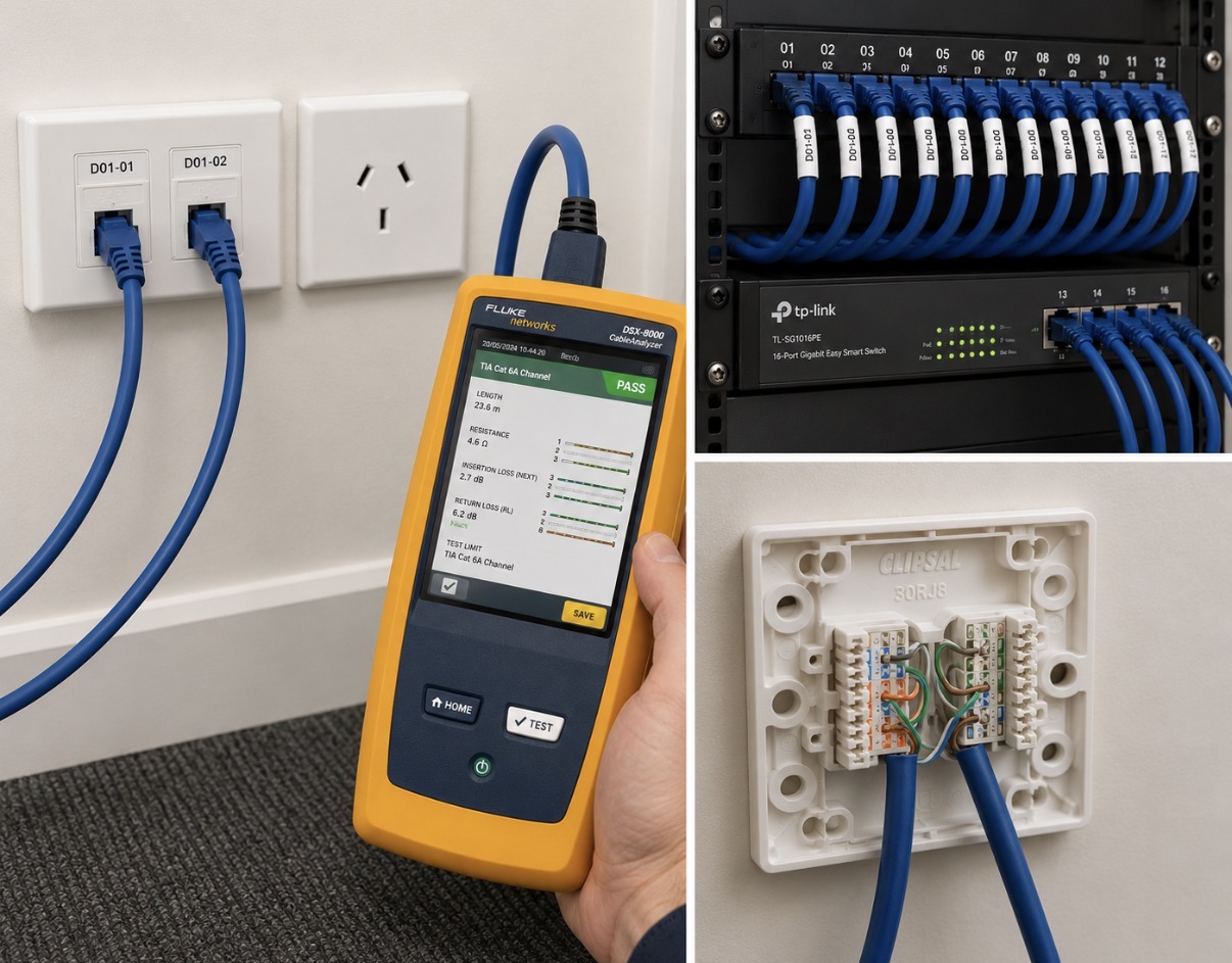 Fluke Cat6A cable testing — certified PASS