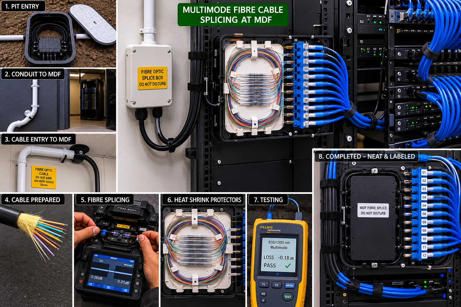 Multimode fibre splicing at MDF — full installation process