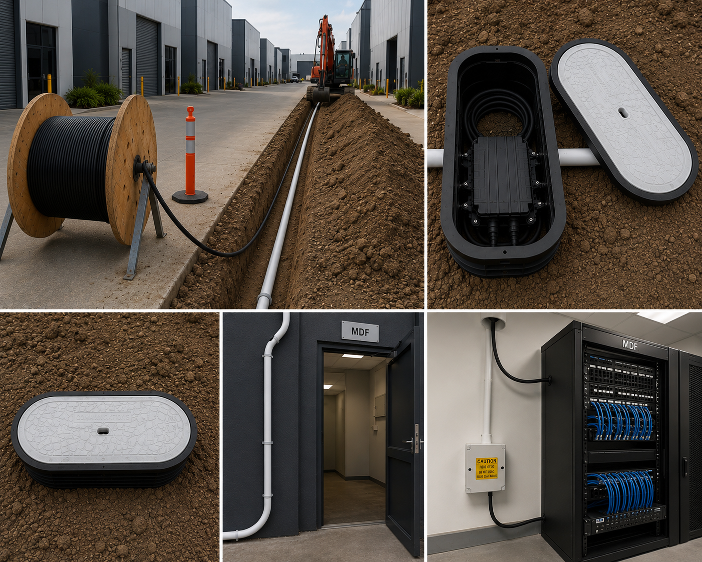 Underground fibre route — pit, conduit & MDF rack