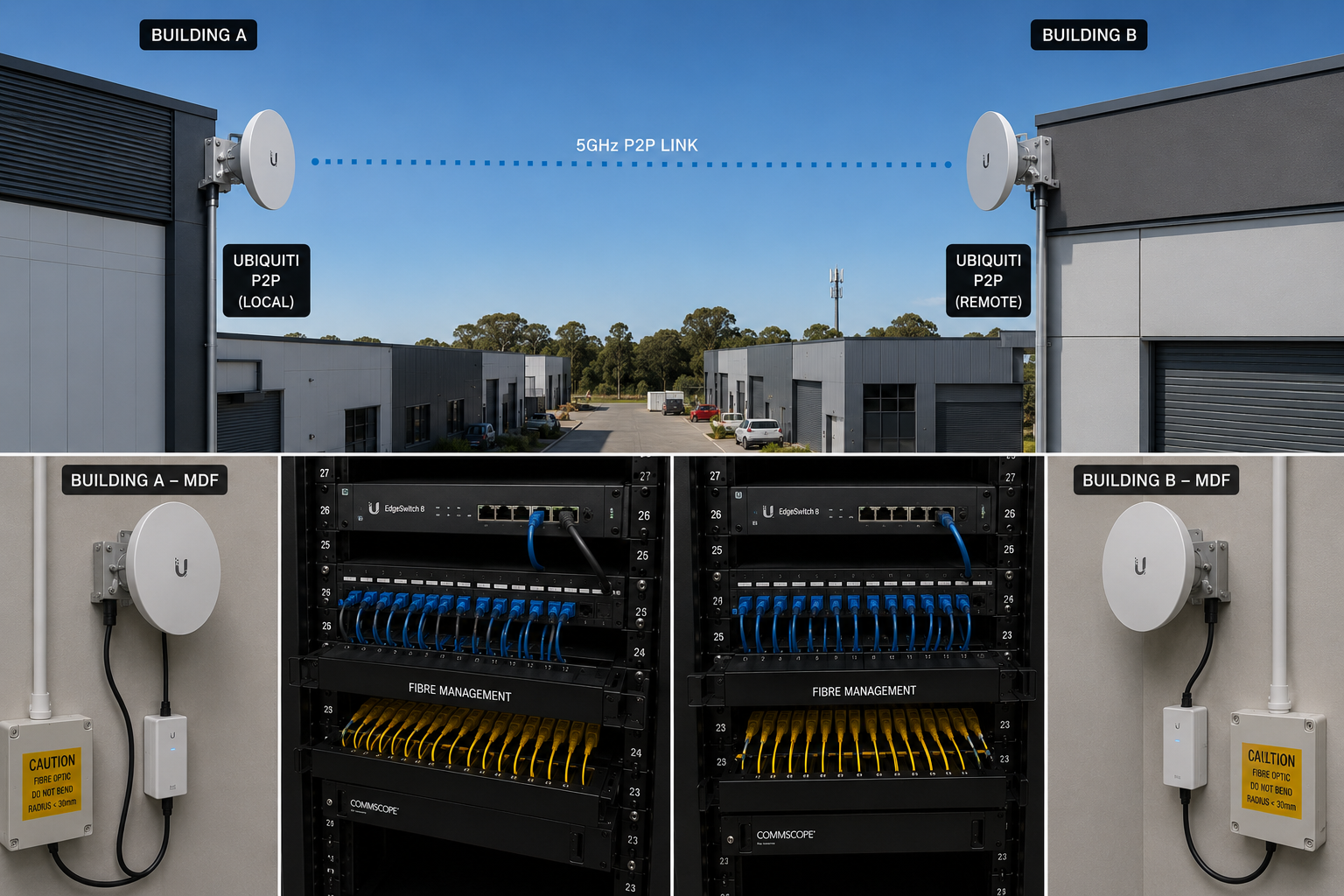 Ubiquiti 5GHz P2P link — Building A to Building B