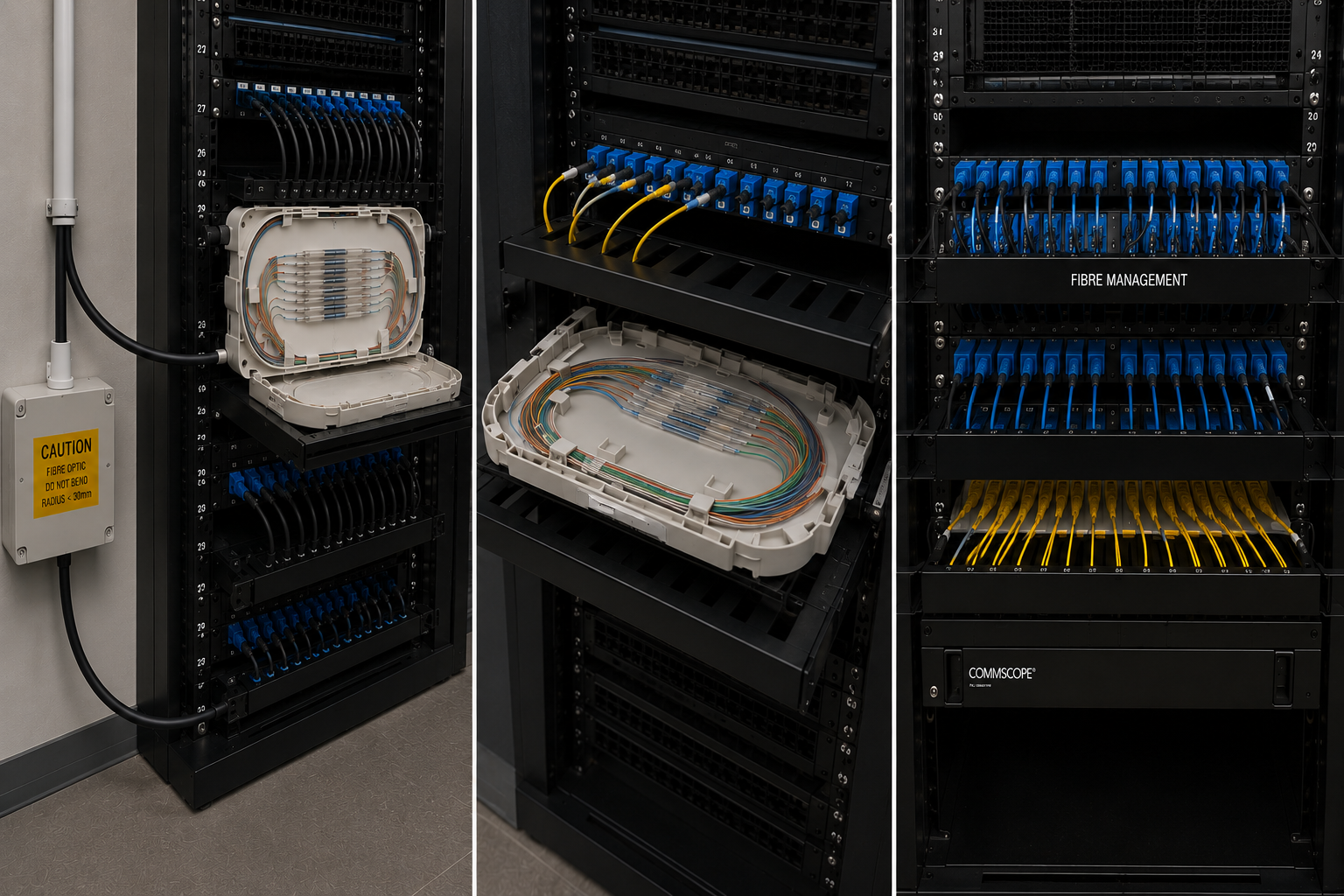 Fibre splice cassette & Commscope fibre management rack