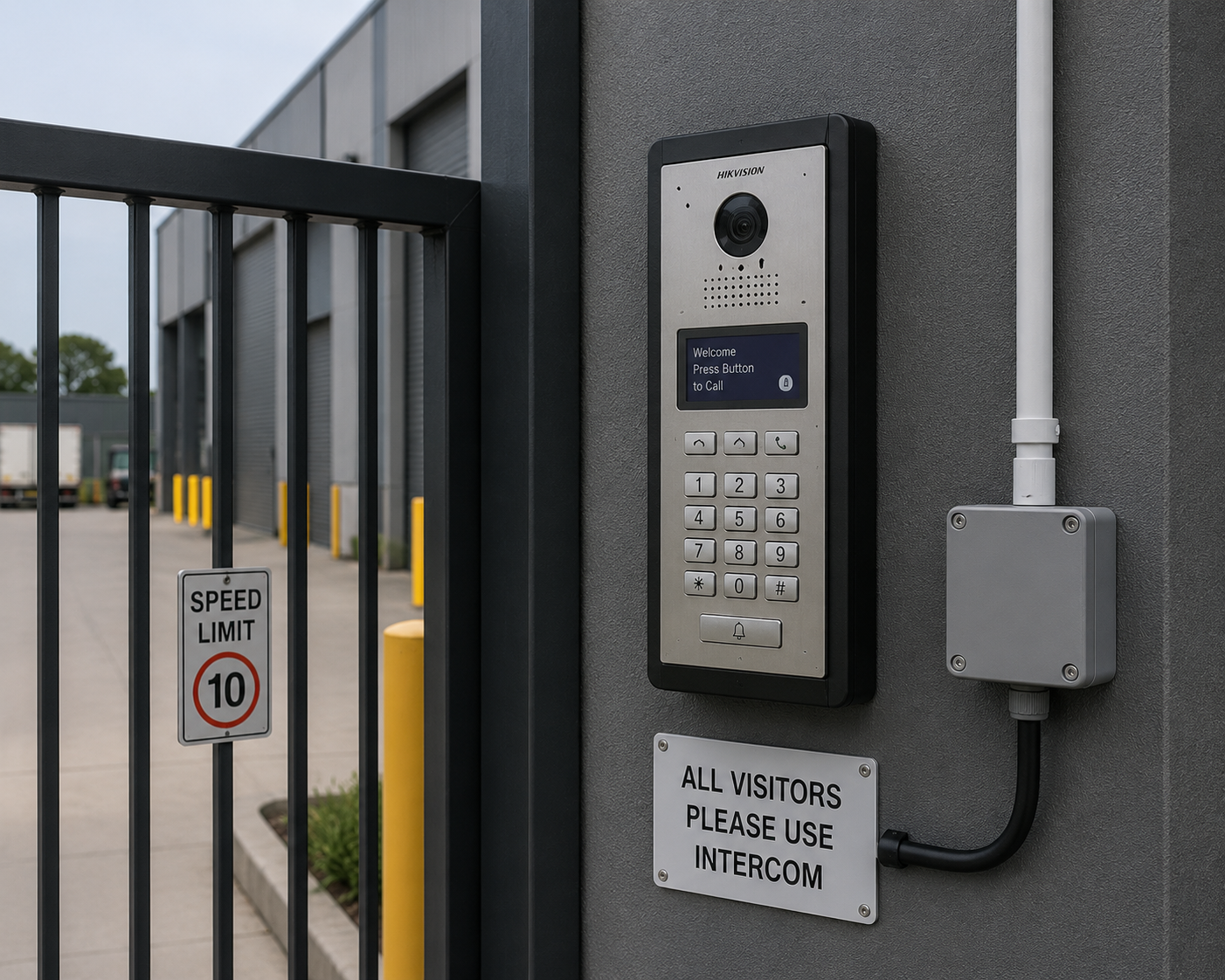 Hikvision intercom & access control — industrial gate