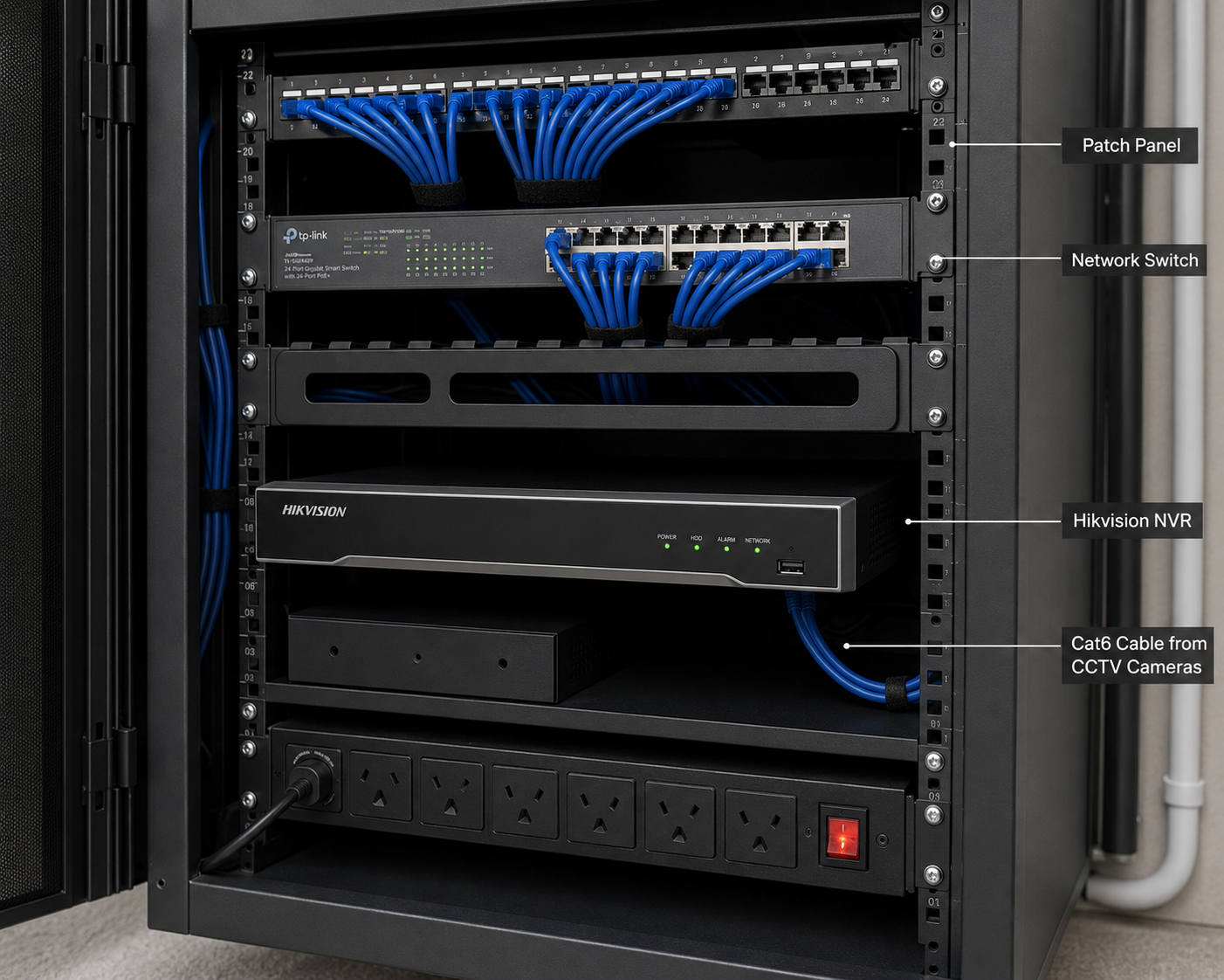 Hikvision NVR, PoE switch & patch panel — security rack