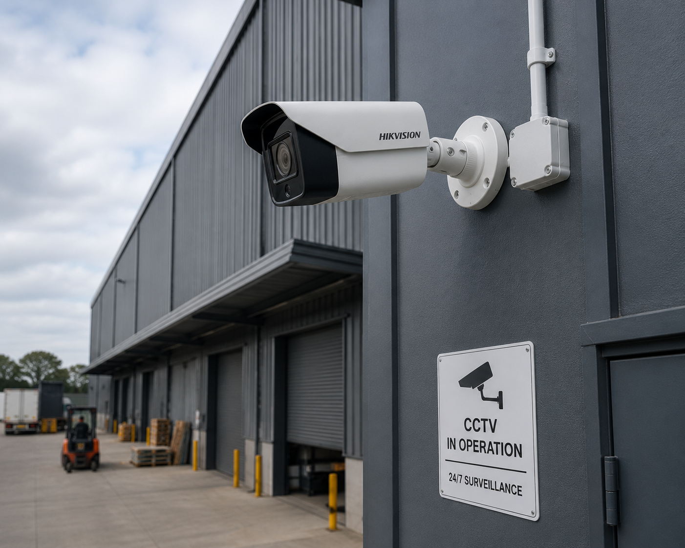 Hikvision bullet camera — commercial warehouse 24/7